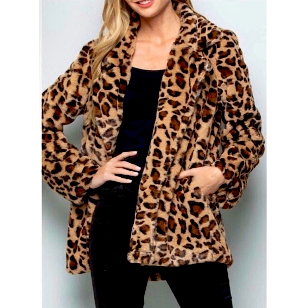 Faux Fur Fully Lined Leopard Print Coat w Notched Collar & Hand Pockets XL